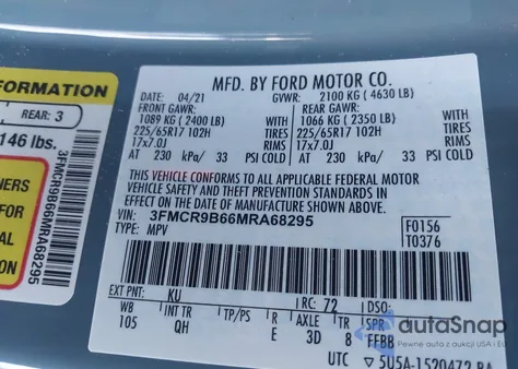 2021 Ford Bronco Sport Big Bend из США, поврежденный, VIN 3FMCR9B66MRA68295